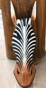 TiKi Mask Horse Zebra Jungle Animal Bar Decor Wall Hanging Wooden Painted Carved - Picture 1 of 13