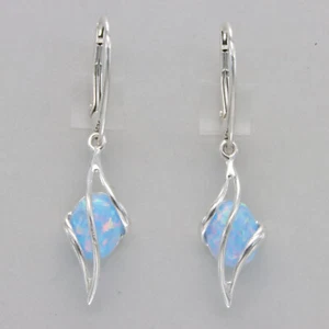 925 Sterling Silver - Oval Blue Fire Opal Swirl Dangle Leverback Earrings - Picture 1 of 7