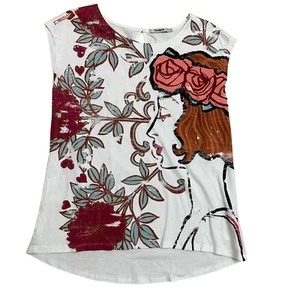 Desigual Cotton Sleeveless Top Large White Artsy Face Print Embroidered Hat GUC - Picture 1 of 10