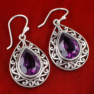 925 Solid Silver Dangle Earrings Natural Amethyst February Birthstone Jewelry BO - Picture 1 of 11