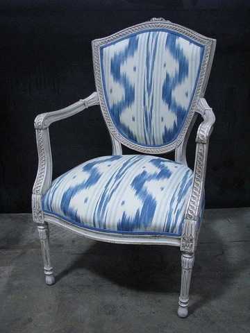 Louis XVI Neoclassic Sheild-Back Armchair Distressed Finish, New Ikat Upholstery Cover