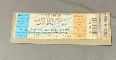 Seattle Supersonics vs Washington Wizards 2001 - 2002 Season Ticket Stub Cover