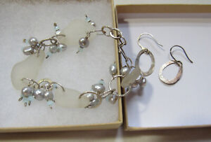 New Hammered Sterling Silver & White Sea Glass Pearl Bracelet & Earrings set