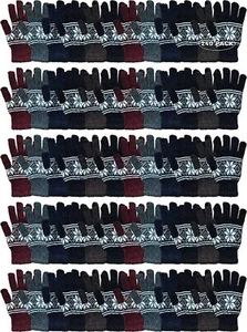 240 PK Snowflake Print Mens Winter Gloves Stretch Cuff - Knitted Stretch Gloves - Picture 1 of 7