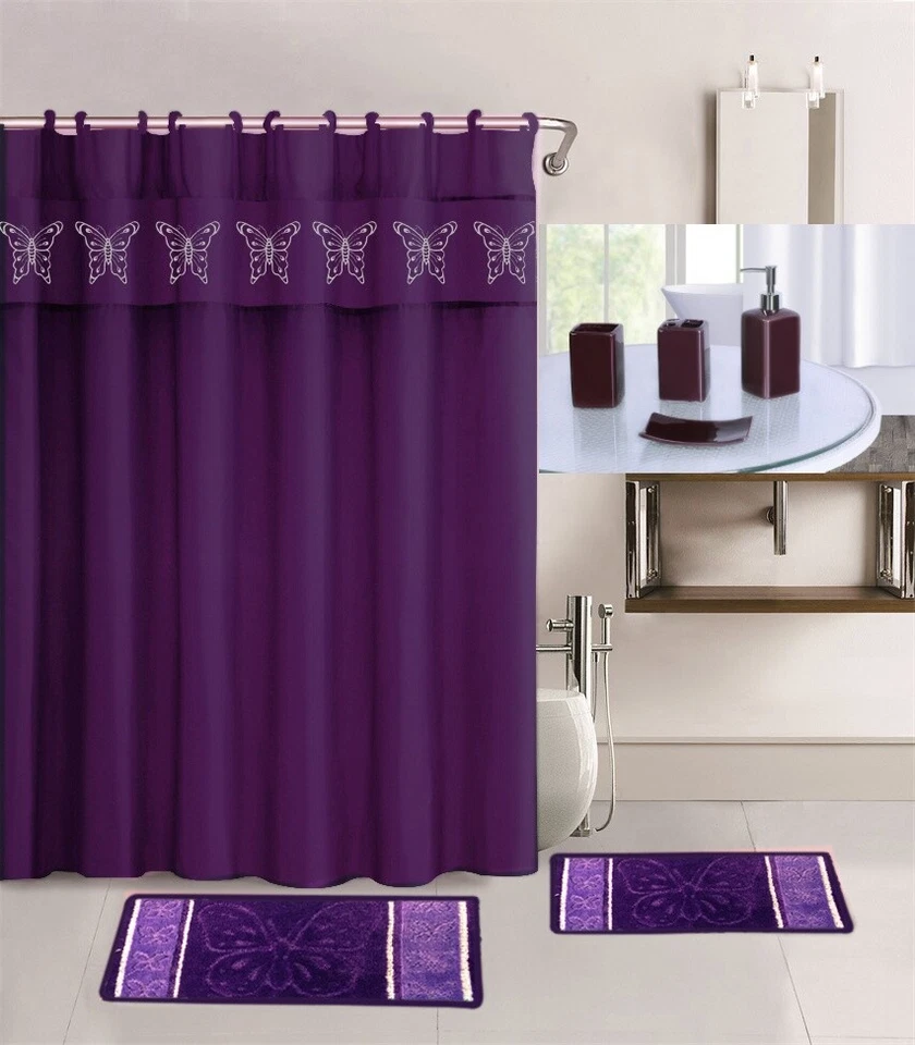 19ШТ. ПОЛНЫЙ КОМПЛЕКТ КОВРИКОВ ДЛЯ ВАННОЙ КОМНАТЫ ЗАНАВЕСКИ ДЛЯ ДУША С КЕРАМИЧЕСКИМИ АКСЕССУАРАМИ - Изображение 1 из 1