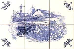 Scheune mit Wagen blau Delfter Wandbild Designs 6 Keramikfliesen Ofen befeuert 13"x9" Rebe - Bild 1 von 2