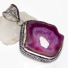 Agate Geode Slice 925 Silver Plated Vintage Pendant 2.1" Superb Jewelry AU q828