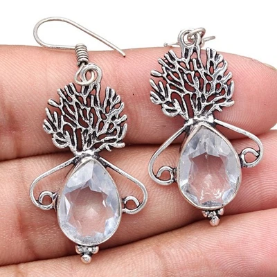 White Solar Quartz Gemstone Gift For Her Silver Jewelry Earrings 1.5'' - Image 1 of 4
