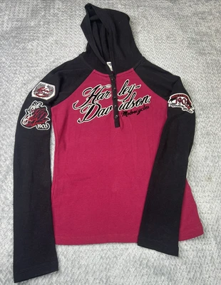 Sudadera con capucha gráfica tejida gofre Harley Davidson para mujer XS rosa negra Foto 1 de 4