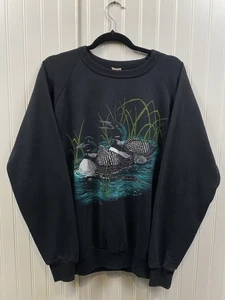 Vintage 90s Nature Crewneck Sweatshirt Men’s Medium Black Lake Lunes Bird Canada - Picture 1 of 7