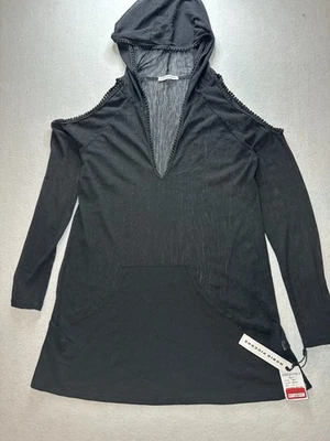 Robin Piccone black mesh cold-shoulder hooded tunic cover-up New - Image 1 of 4