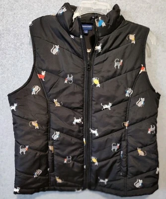 Quirky Cat Puffer 背心女式 2XL 黑色五颜六色的 Grannycore Momcore 街头服饰 — 第 1/4 张图片