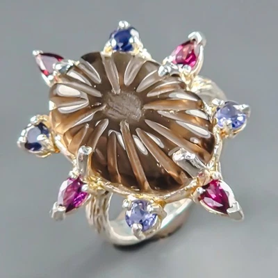 Anillo de cuarzo ahumado natural hecho a mano de 14 quilates + plata de ley 925 talla 9/R441888 Foto 1 de 4