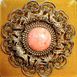 Pink Coral Brooch Gold Over Silver filigree Vermiel Maui Divers of Hawaii 2" - Picture 1 of 4