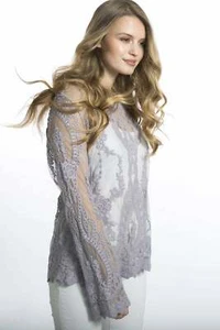 JAYLEY Grey Vintage Inspired Lace Long Sleeved Top One Size - Picture 1 of 7