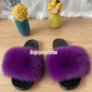 Purple Women's Slides Real Fox Fur Slippers Summer Sandals Indoor Outdoor Shoes