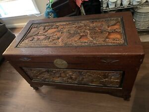 Vintage Chinese Lacquered Camphor Hand Carved Chest Trunk