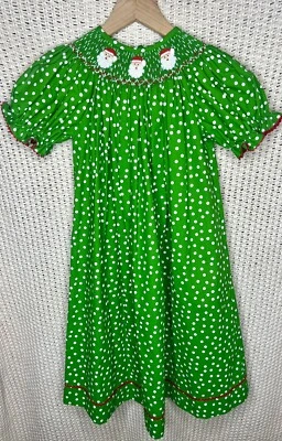 Vestido Silly Goose Hand Smocked Bishop verde con lunares SANTA talla 6 Foto 1 de 4