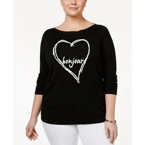 NWT Womens Plus Size 3X Black French Bonjour Heart Graphic Knit Sweater - Picture 1 of 2