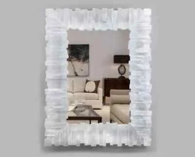 White Marble Rectangle Shape Mirror with Royal Look Selenite Stone Epoxy Art Wal - Image 1 of 4
