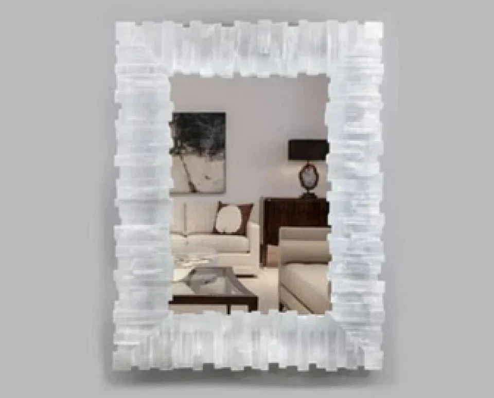 White Marble Rectangle Shape Mirror with Royal Look Selenite Stone Epoxy Art Wal - Image 1 of 4