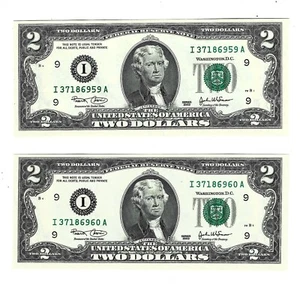 Billetes de $2 2003 números de serie consecutivos dos (2) billetes nítidos sin circular. GP8 - Imagen 1 de 2