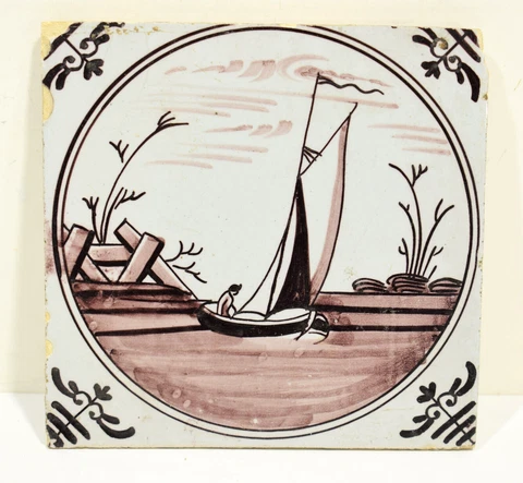 Antique Delft Tile with Manganese Decoration Man in Sail Boat Cover