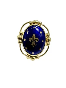 Estate 14k Yellow Gold Blue Enamel Fleur De Lis & Stars Ring Vintage - Picture 1 of 7