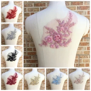 3D Flower Embroidery Lace Bridal Applique Beaded Pearl Tulle DIY Wedding Dress - Picture 1 of 10