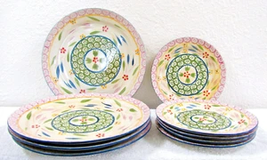 Temp-tations Old World Confetti Blue Rim Pink Border 4 Dinner and 4 Salad Plates - Picture 1 of 7