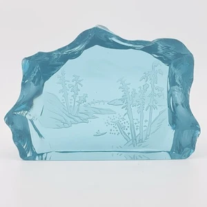 Glass Block ICEBERG Paperweight Sculpture Etched Water Canoe Mountains Trees - Picture 1 of 10