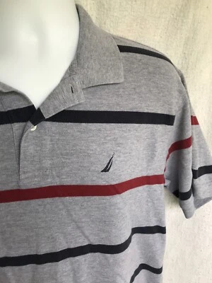 Nautica  Short Sleeve Polo Shirt Large Gray Red Stripes - Image 1 of 4