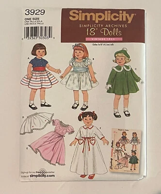 Simplicity sewing pattern for American Girl Doll other 18" NEW/uncut #3929 - Image 1 of 2