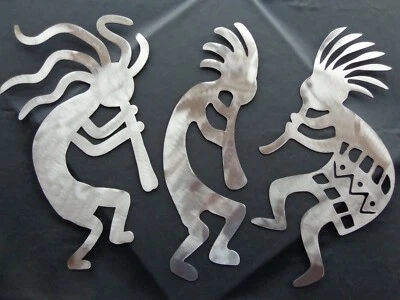 Set 3 Kokopelli Musicians Fertility Metal Wall Art Each 18" Tall Natural Steel - Изображение 1 из 4