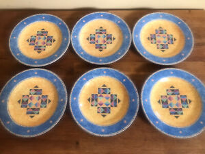 ONEIDA 1998 ORIGAMI Set of 6 Salad Plates 8â Colorful Geometric Blue Yellow MINT
