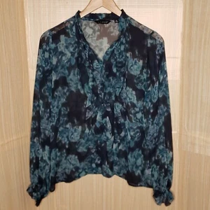 Dialogue Watercolor Womens Teal Black Semi Sheer Blouse XL - Picture 1 of 7