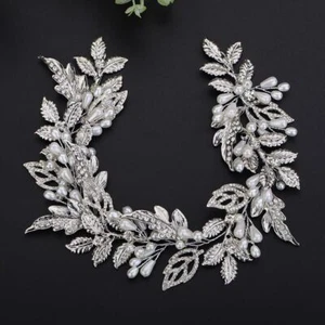 Silver Leaf Headband Wedding Bride Hair Vine Bridal Pearl Crystal Hair Vine P... - Picture 1 of 6