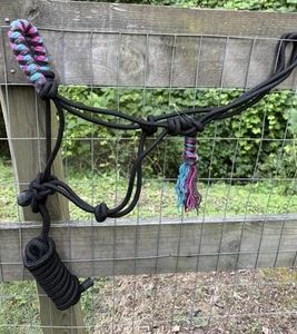 Horse Nylon Cowboy Rope Halter Teal Pink & Gray MOHAIR Noseband With Lead Rope - Picture 1 of 7