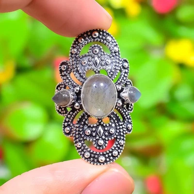 Anillo de joyería de plata de ley 925 hecho a mano con piedras preciosas de labradorita talla 9 g314 Foto 1 de 4