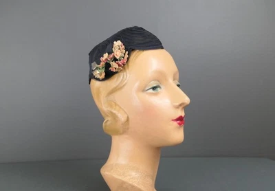 Vintage 1940s Sheer Mesh Hat with Tiny Peach Flowers, fitted cap - Image 1 of 4