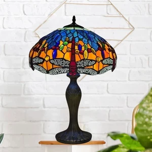 Tiffany Blue Dragonfly style  16 inch Table lamp Handcrafted Stained Glass Shade - Picture 1 of 7