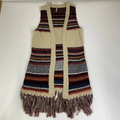 Dannytex Fringe Open Front Cardigan Sleeveless Knit Vest Boho Aztec One Size - Image 1 of 4