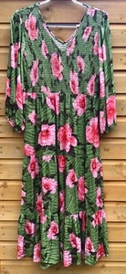 MONSOON Green/Pink Floral Shirred Bodice V-Neck Midi Dress UK14-16 - Picture 1 of 6