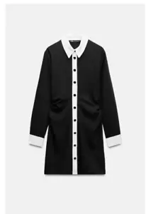 Zara Womens Shirt Dress XL Black Crepe Mini Ruched Long Sleeve 3897/165 NWT - Picture 1 of 14