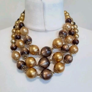 Vintage 3 Strand Gold/Brown Beads Made In Germany Decorative Clasp 16" - Picture 1 of 8