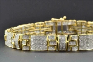 10K Yellow Gold Plated Mens Lab Created Diamond Link Bracelet Round Set 8.5 Ct - Picture 1 of 6