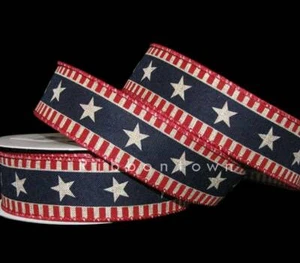 10 Yards Patriotic Stars & Stripes Tea Rustic Red White Blue Wired Ribbon 1 1/2" - Picture 1 of 1