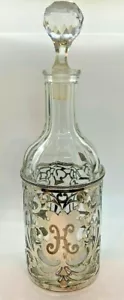 Ornate Antique Sterling Silver Cutwork over Crystal Decanter Monogram K Beaded - Picture 1 of 12