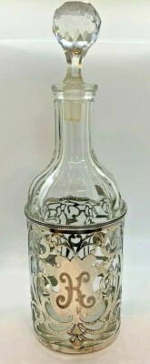Sterling Silver Cutwork over Crystal Decanter Monogram K Beaded Ornate Antique - Image 1 of 4