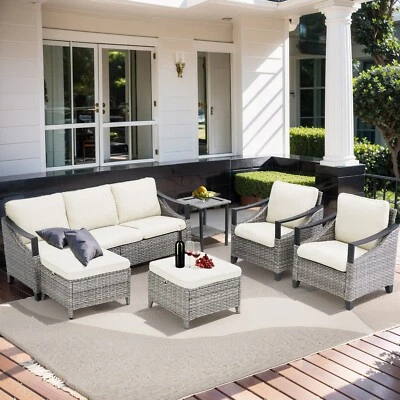 Juego de muebles de ratán para patio de 6 piezas sofá acolchado de conversación con reposabrazos blanco roto Foto 1 de 4